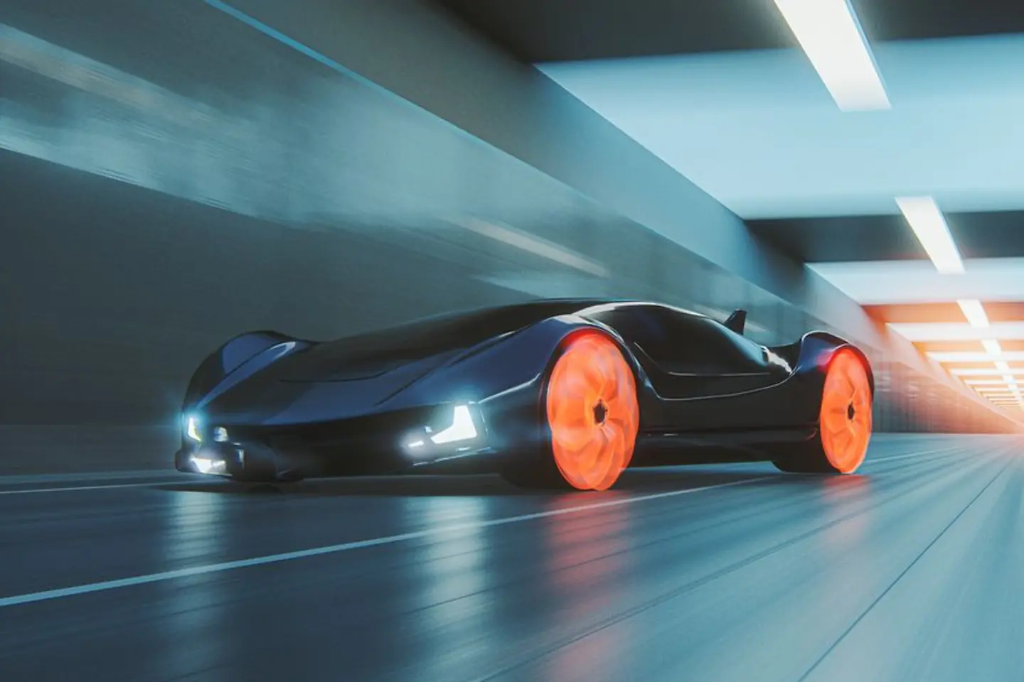 Coche futurista acelerando en un túnel y visualizando la velocidad y la innovación