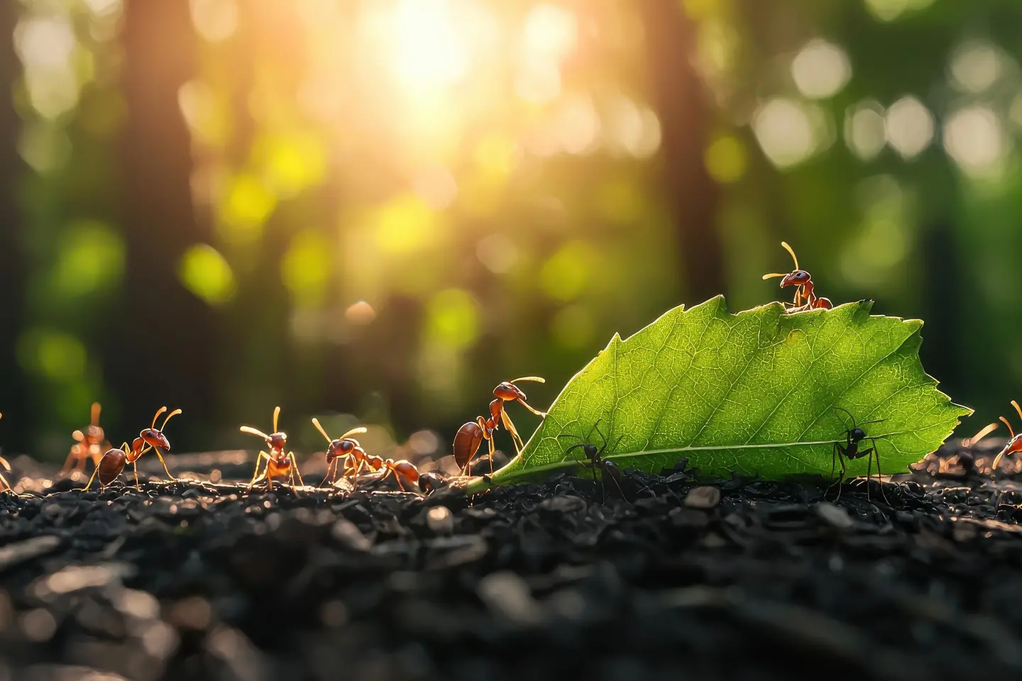 Teamwork of ants carrying a large leaf together in nature's lush environment at sunset close-up view for stunning visual impact
