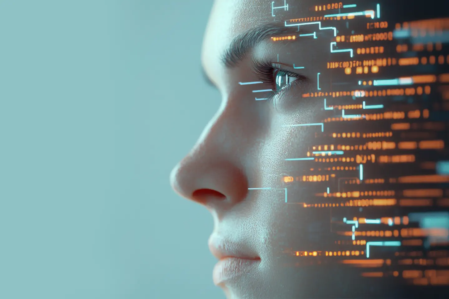 Um rosto futurista com elementos de interface digital e protocolos de IA 