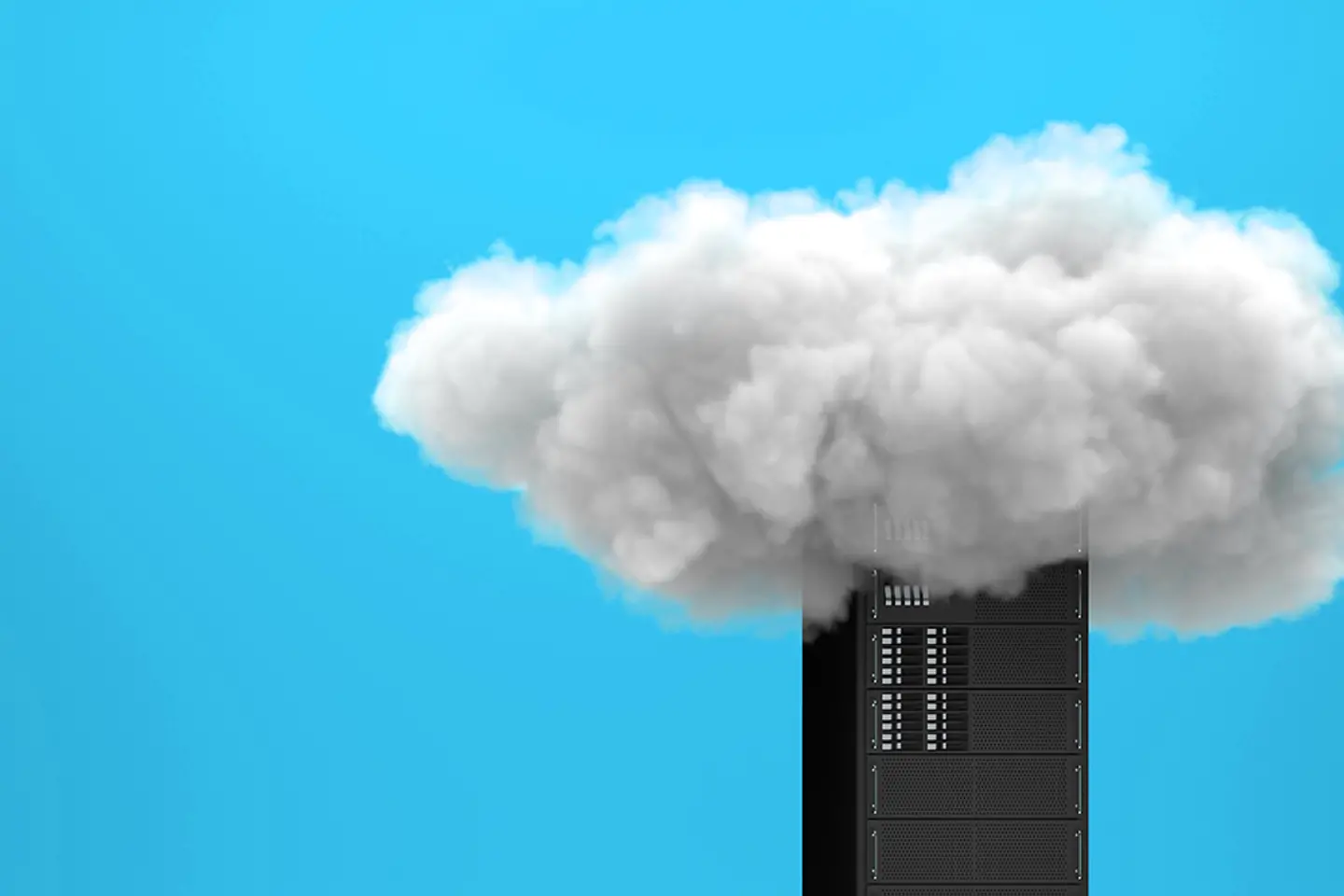 Server mit Cloud-Computing-Technologie, umhüllt von einer Wolke, auf gelbem Hintergrund