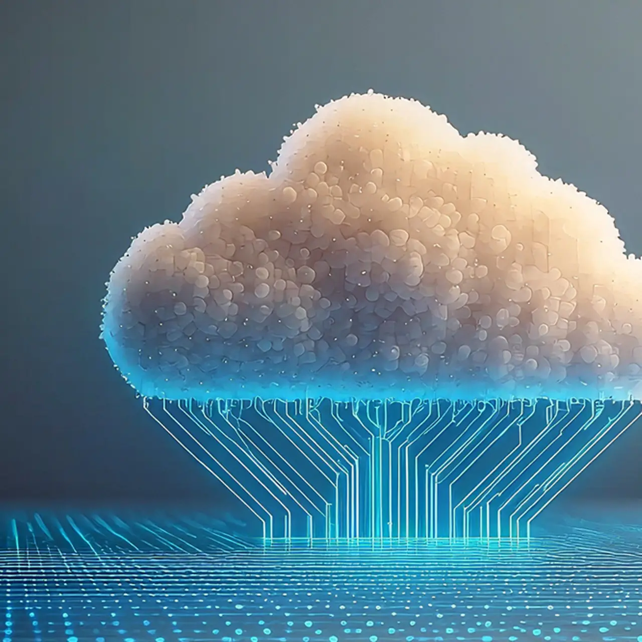 Una nube digital se asienta sobre una rejilla luminosa