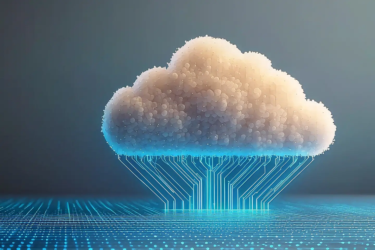 Una nube digital se asienta sobre una rejilla luminosa