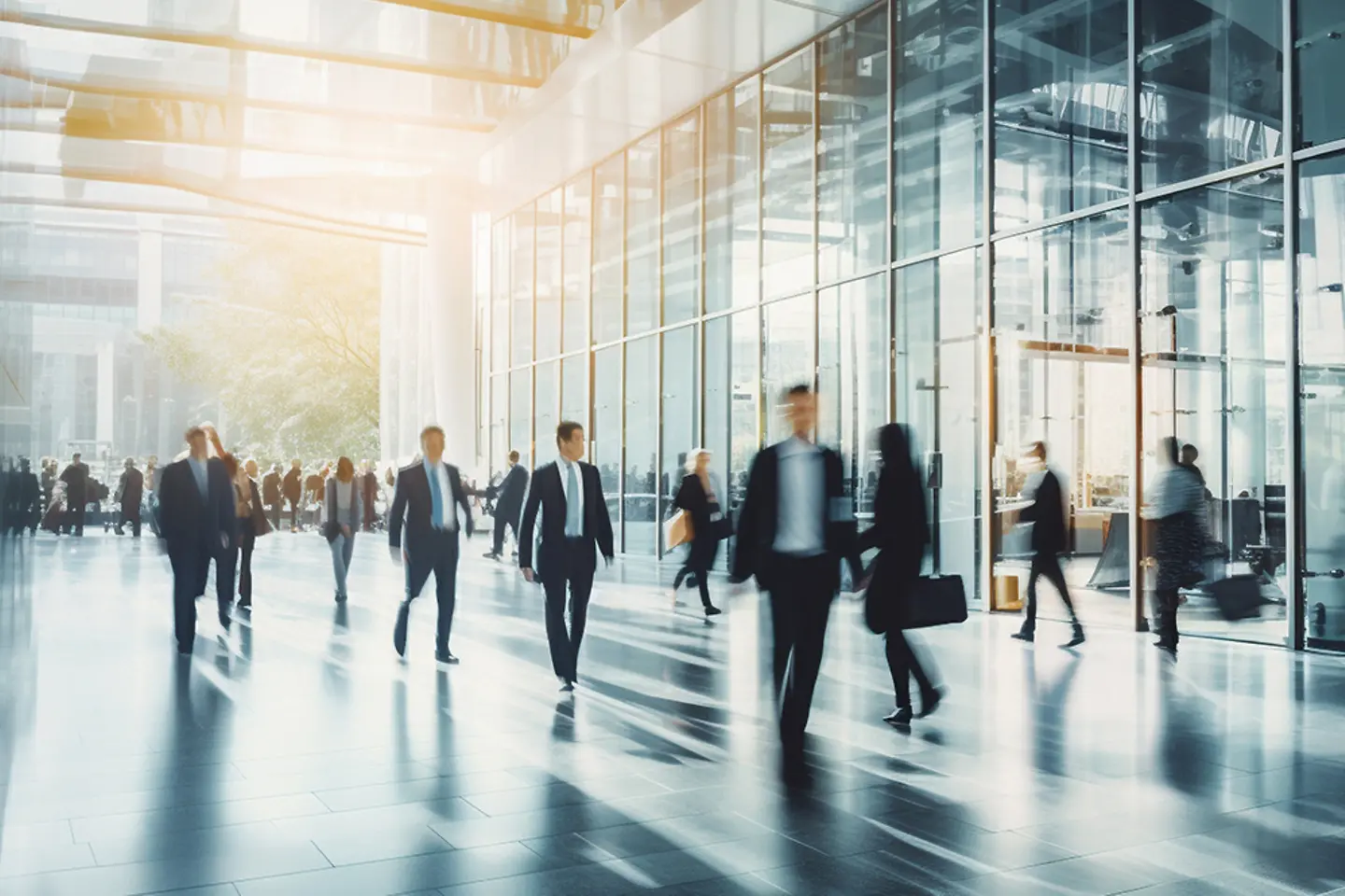 Um grupo de homens de negócios fora de foco entra em um aeroporto em um estabelecimento comercial