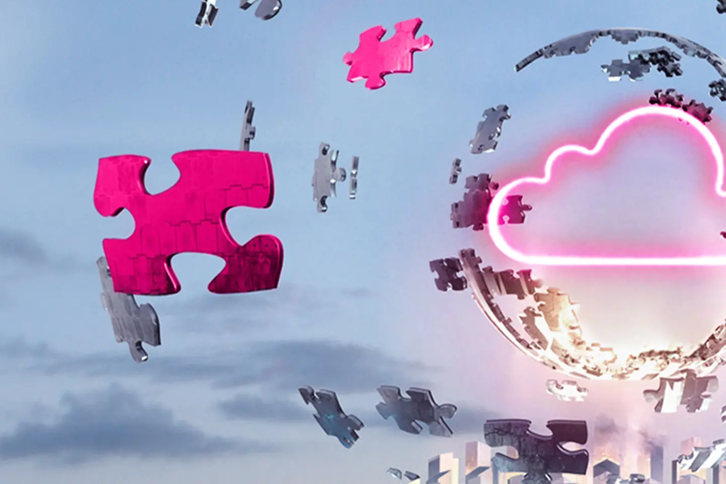 Piezas de rompecabezas volando alrededor de una nube digital