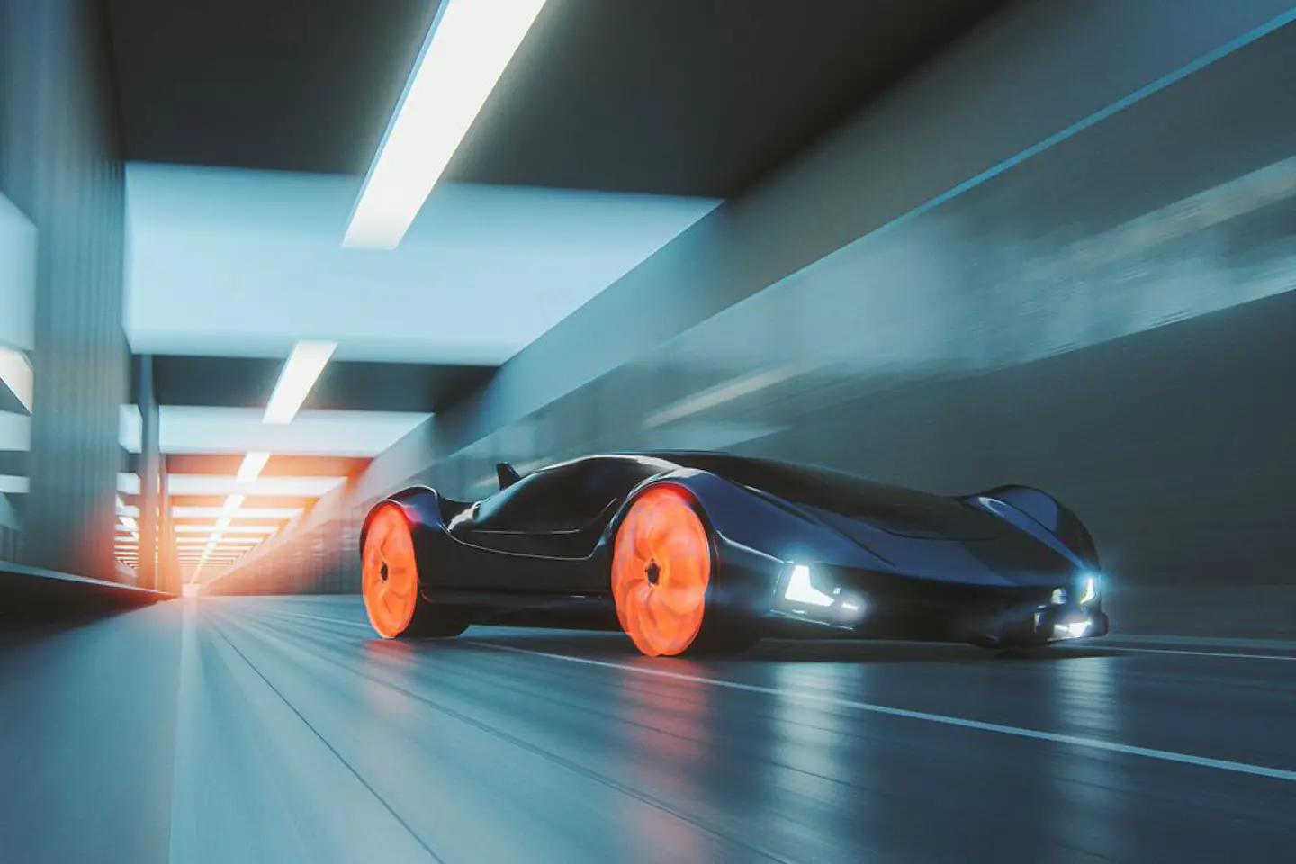 Futuristic car driving through well lit tunnel