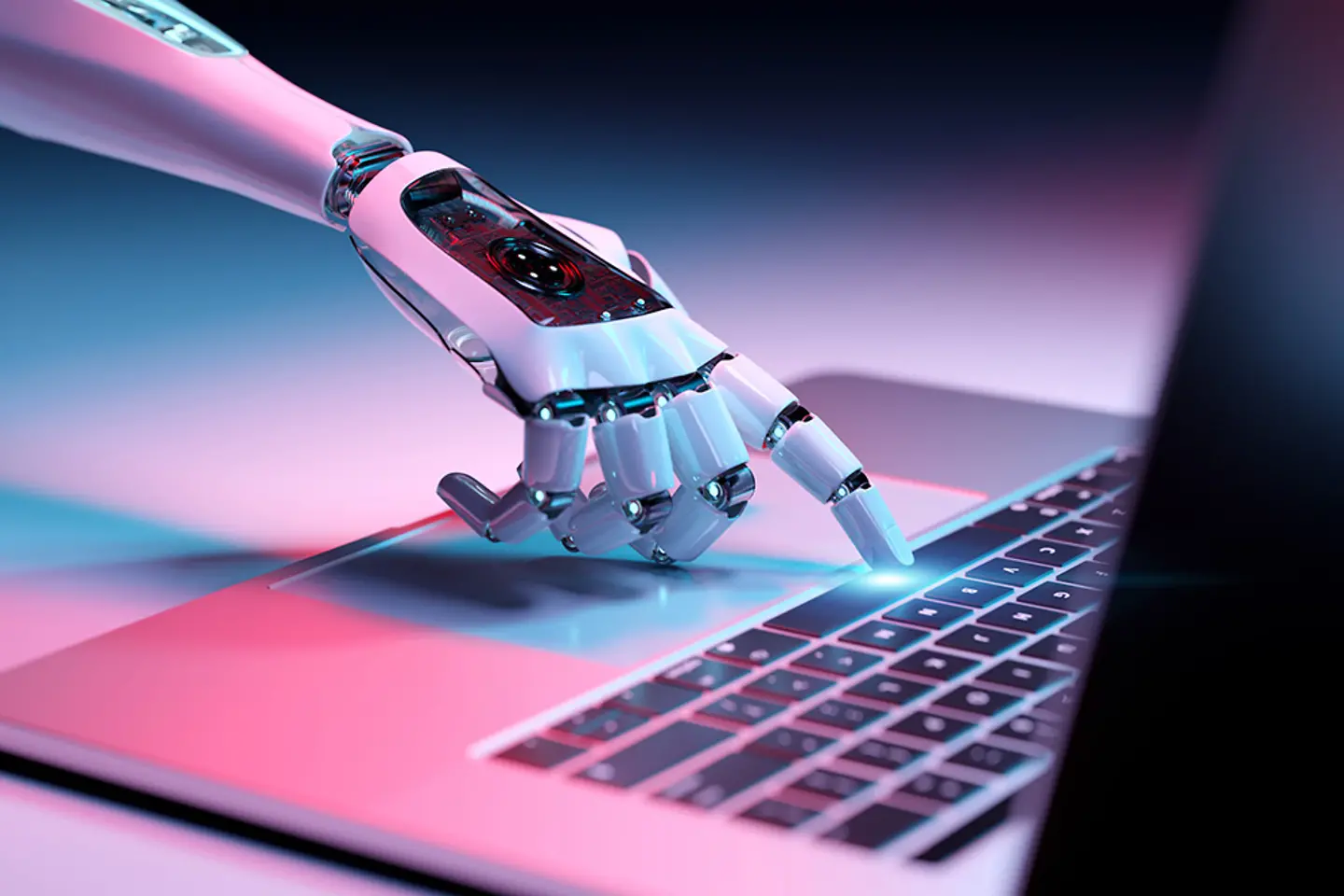 Robotic hand pressing a keyboard on a laptop