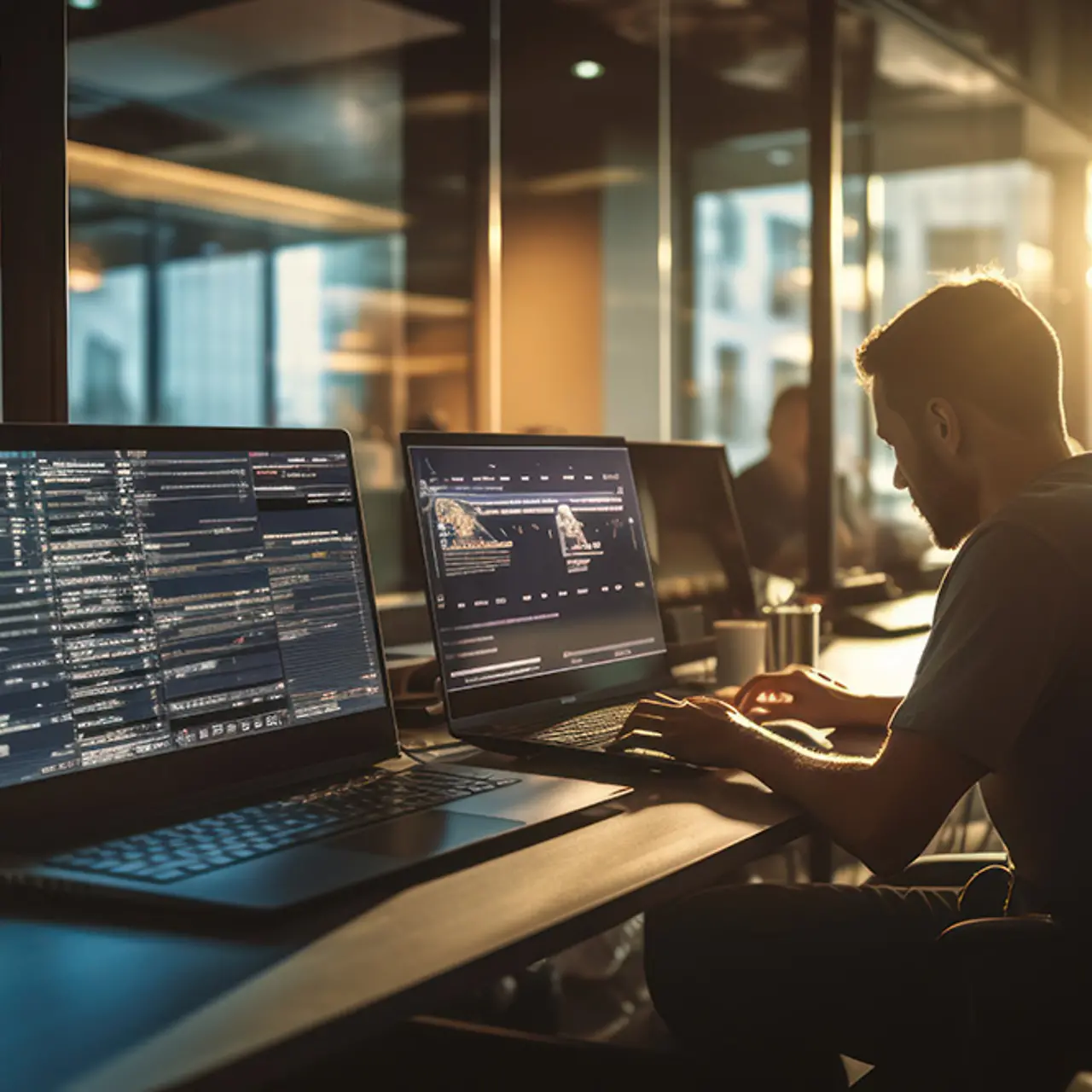 Team von Softwareentwicklern, die in einer modernen Entwicklungsumgebung Anwendungen programmieren, zusammenarbeiten und testen