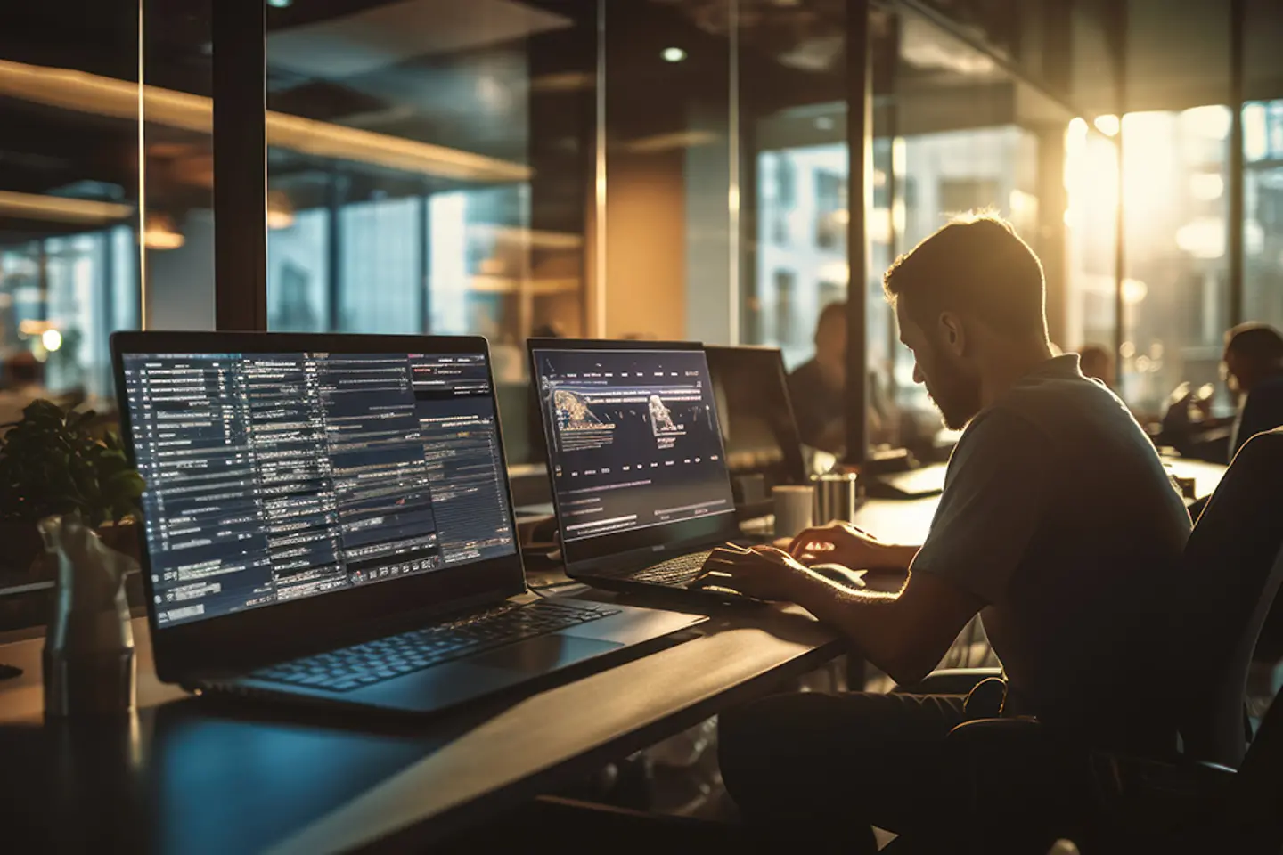 Equipo de desarrolladores de software que programan, colaboran y prueban aplicaciones en un entorno de desarrollo moderno