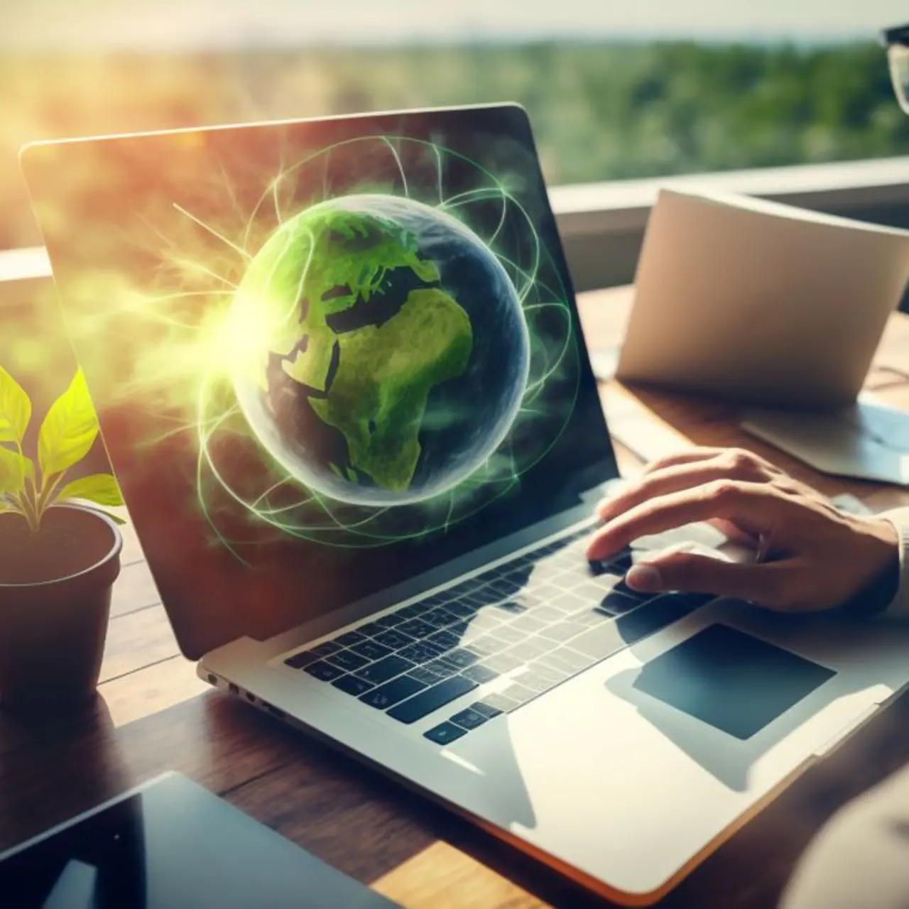 Um empresário está trabalhando no laptop do lado de fora, com uma terra verde na tela. 